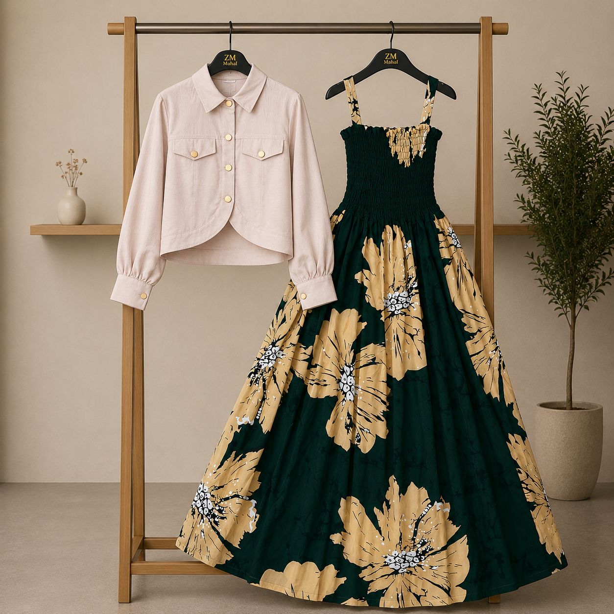 Floral Maxi Dress Set for Women – Turkish Style Smokie Maxi with Jacket K-1