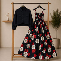 Floral Maxi Dress Set for Women – Turkish Style Smokie Maxi with Jacket K-1