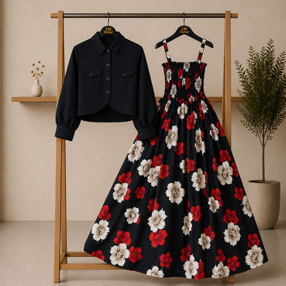 Floral Maxi Dress Set for Women – Turkish Style Smokie Maxi with Jacket K-1