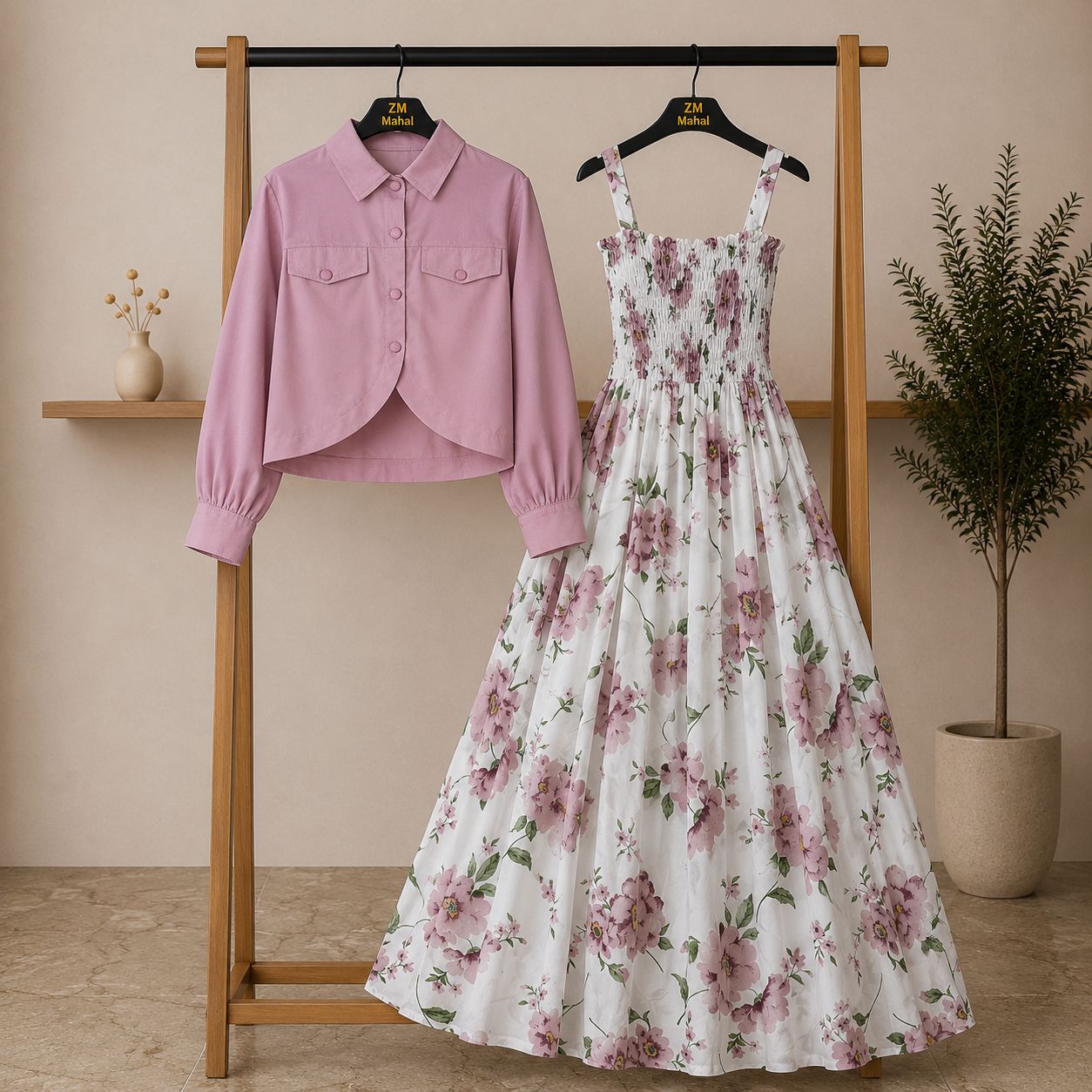 Floral Maxi Dress Set for Women – Turkish Style Smokie Maxi with Jacket K-1