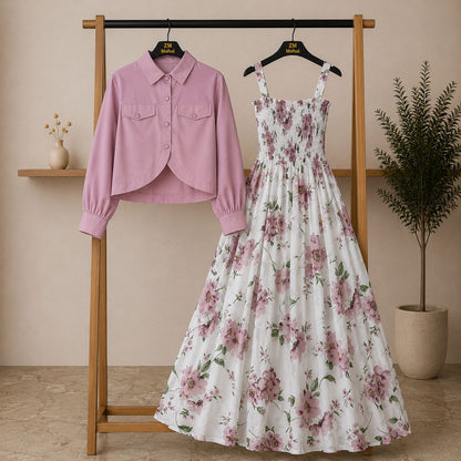 Floral Maxi Dress Set for Women – Turkish Style Smokie Maxi with Jacket K-1