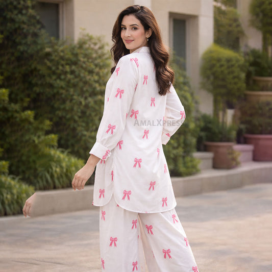 Pink Bow  Embroidery  With Wide-Leg Trousers