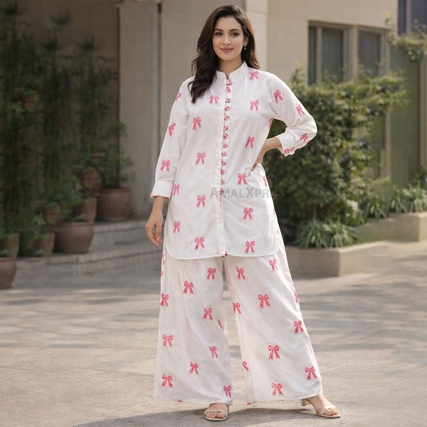 Pink Bow  Embroidery  With Wide-Leg Trousers