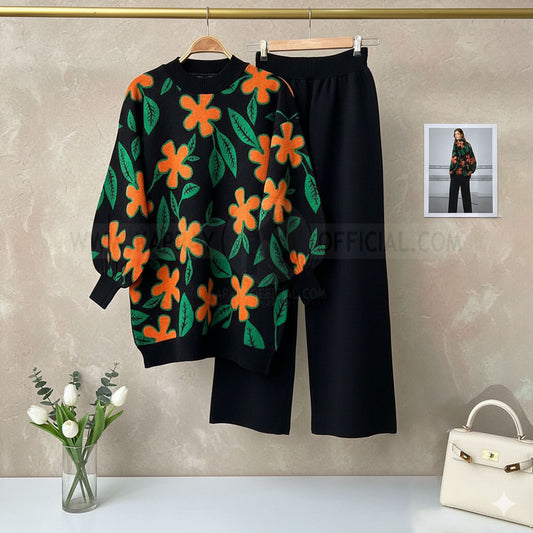 Black Flower Printed Premium Quality Winter 2-Pcs Tracksuit