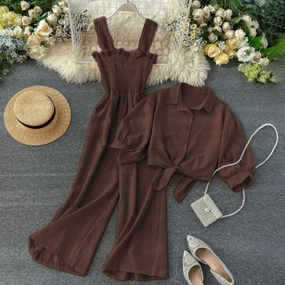 Korean Style Jumpsuit Set (Dress + Tie Crop Shirt)