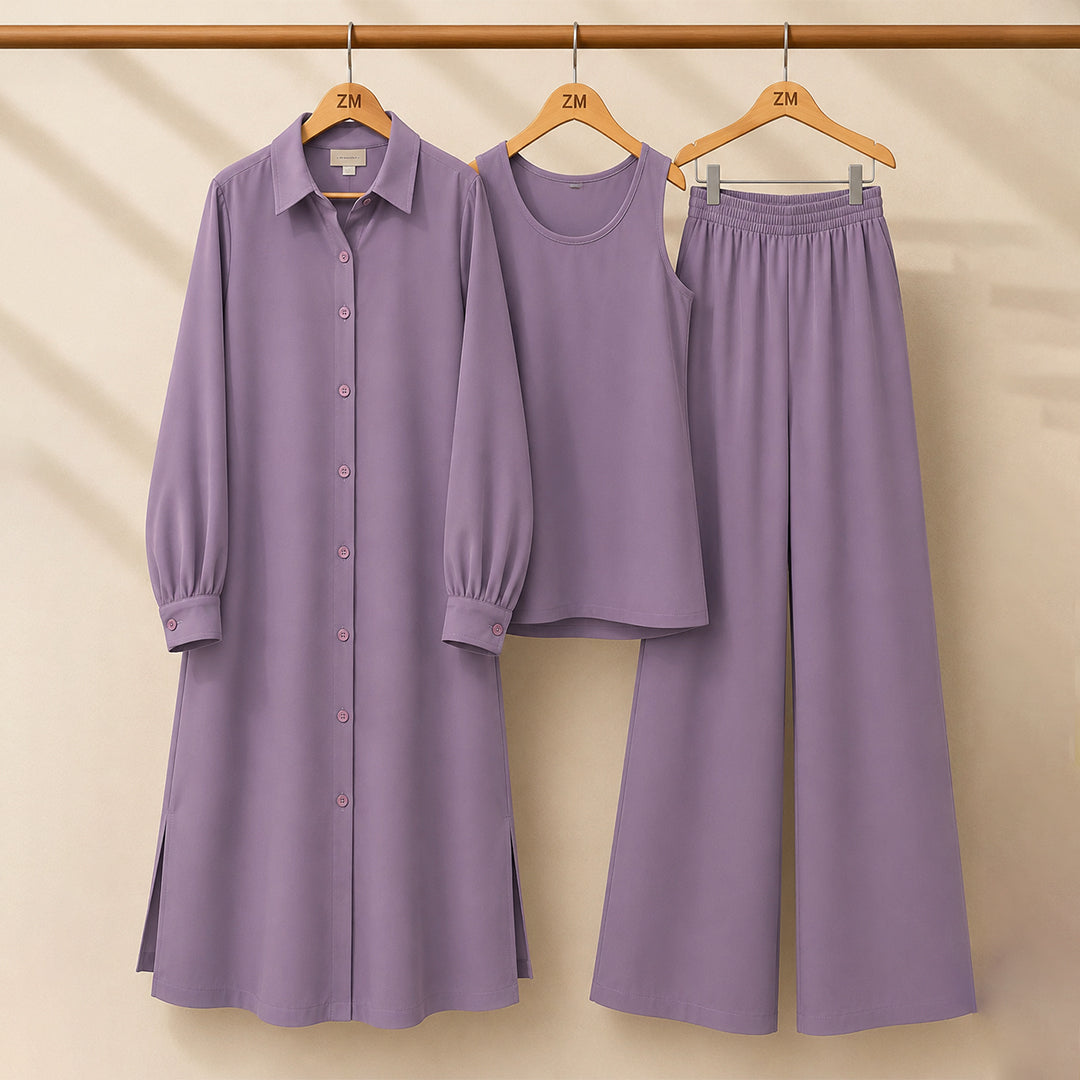 Modest Suit Long Top, Inner & Wide-Leg Pants 3-Piece