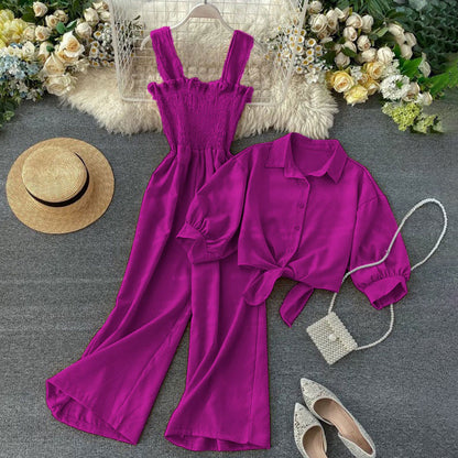 Korean Style Jumpsuit Set (Dress + Tie Crop Shirt)