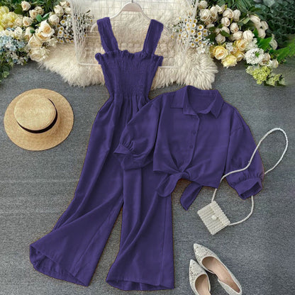 Korean Style Jumpsuit Set (Dress + Tie Crop Shirt)