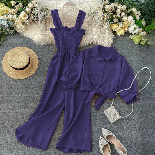 Korean Style Jumpsuit Set (Dress + Tie Crop Shirt)