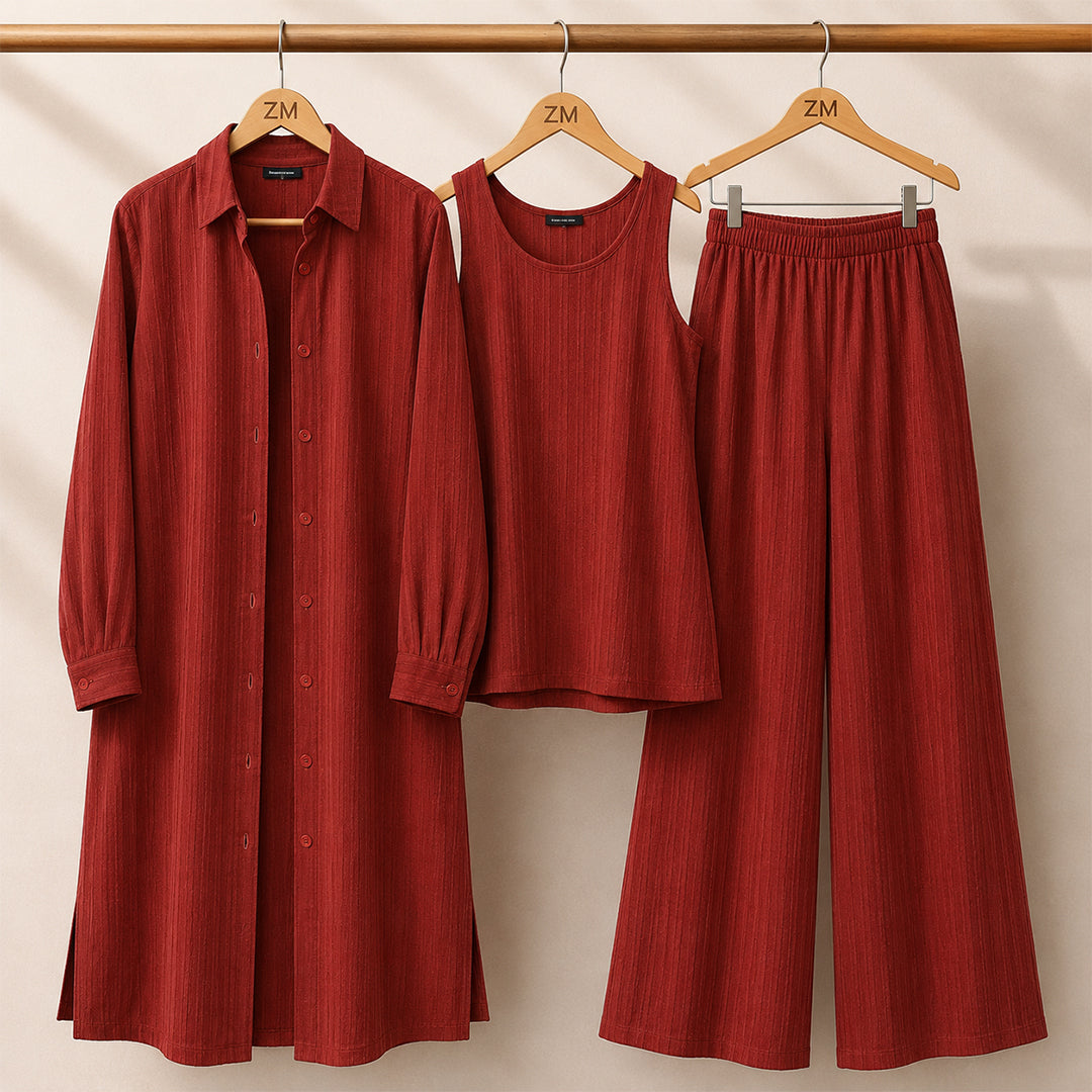 Modest Suit Long Top, Inner & Wide-Leg Pants 3-Piece