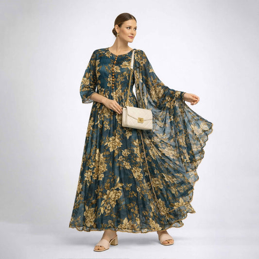 Bonanza  2-Piece Suit Floral Frock with Dupatta