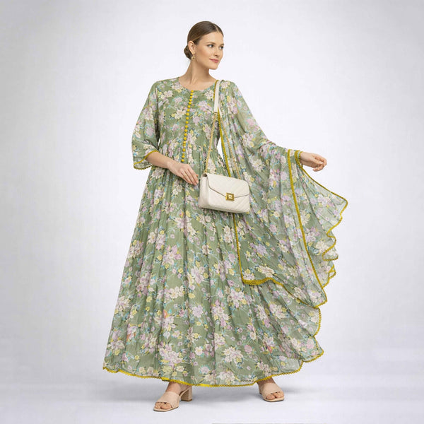 Bonanza  2-Piece Suit Floral Frock with Dupatta