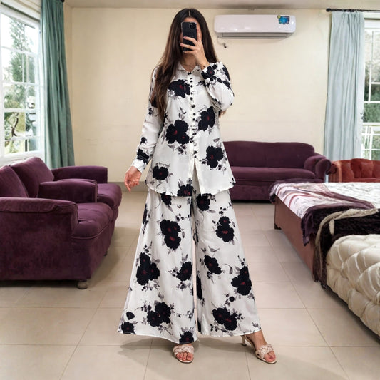 Floral Print Georgette Co-Ord Set for Women – Button Down Shirt & Wide Leg Trousers (Imported Fabric)