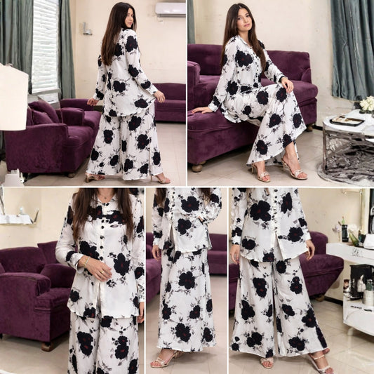 Floral Print Georgette Co-Ord Set for Women – Button Down Shirt & Wide Leg Trousers (Imported Fabric)