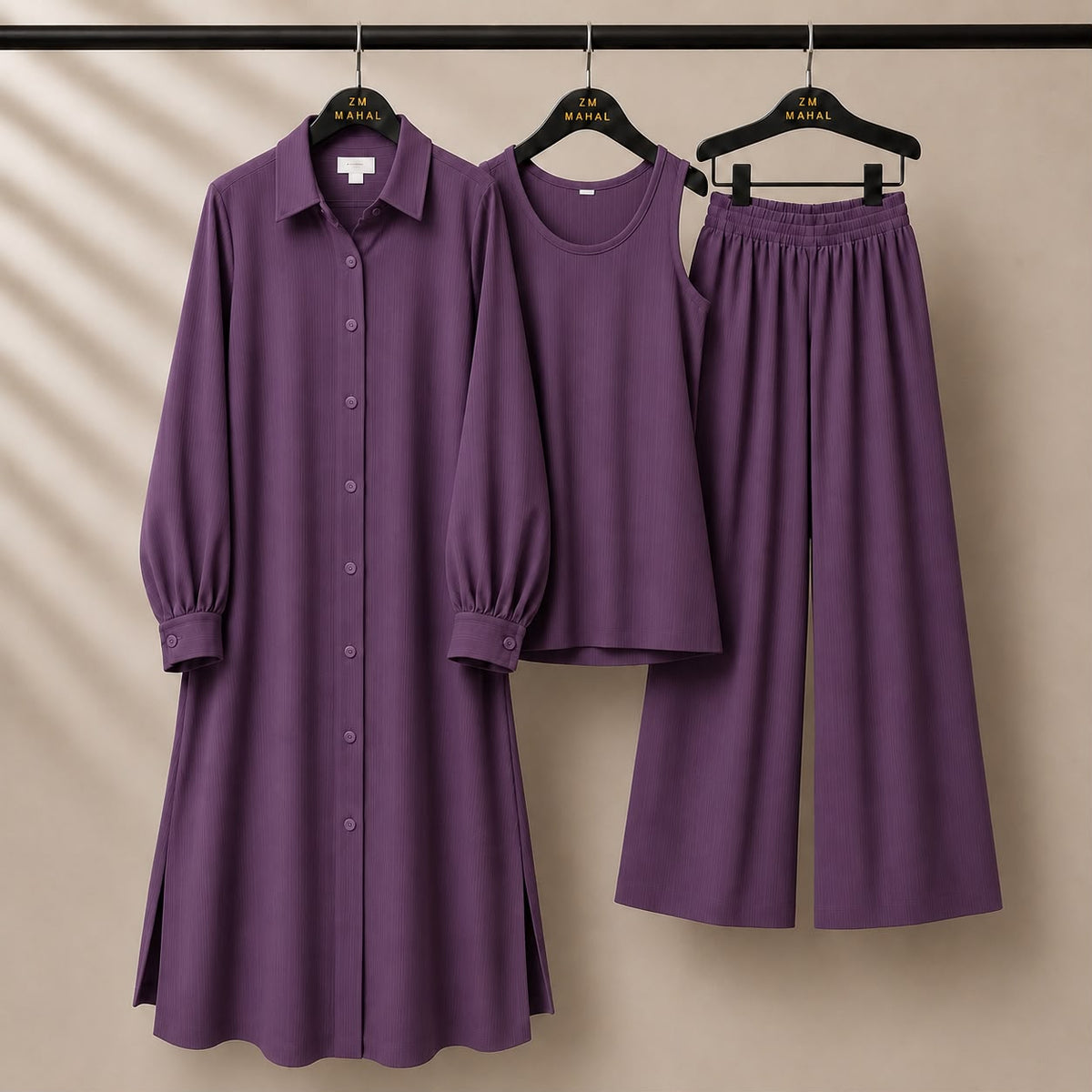 Modest Suit Long Top, Inner & Wide-Leg Pants 3-Piece