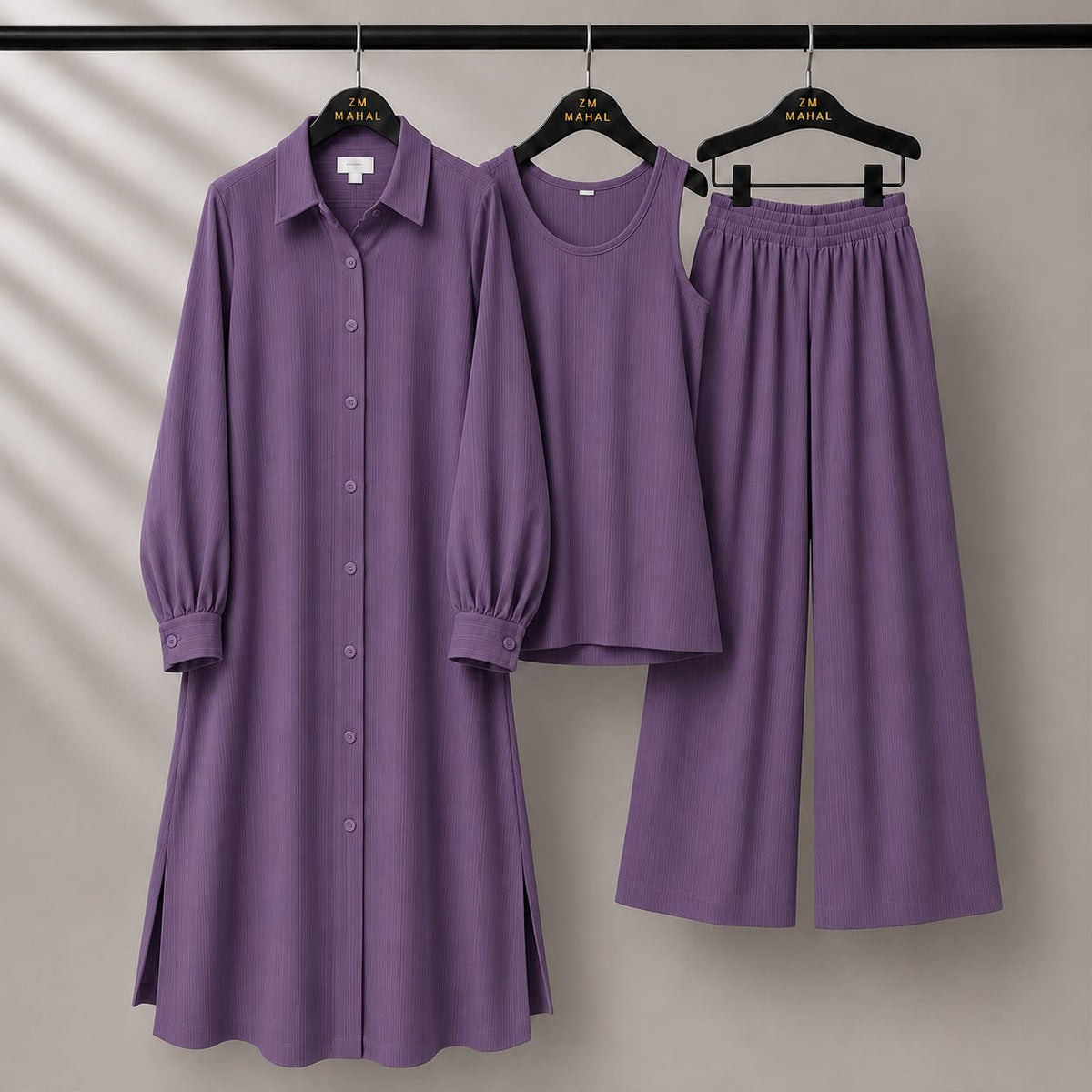 Modest Suit Long Top, Inner & Wide-Leg Pants 3-Piece