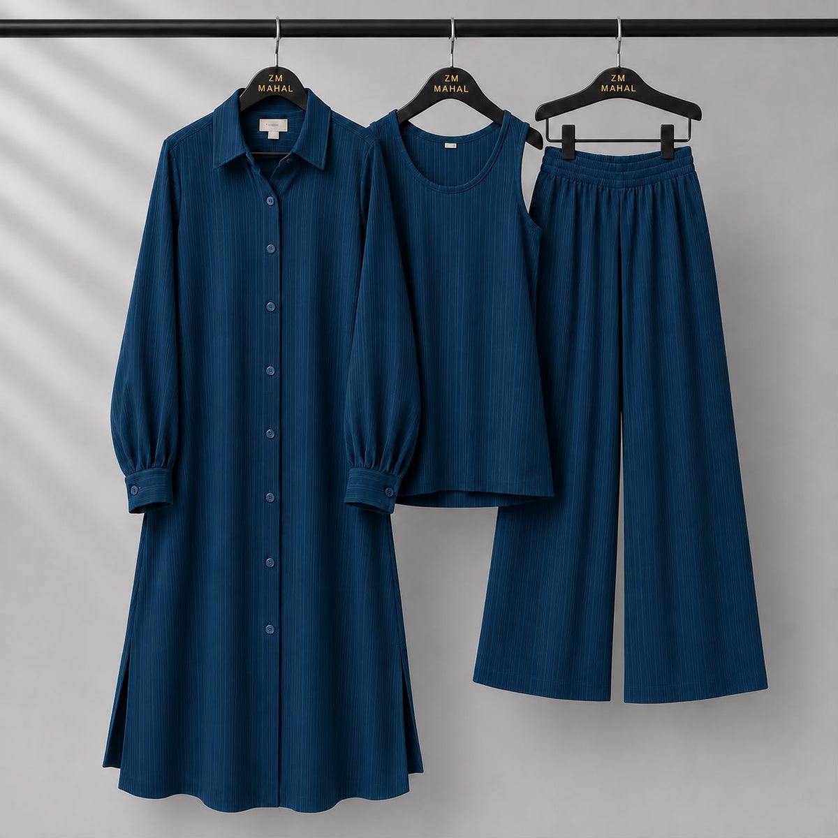 Modest Suit Long Top, Inner & Wide-Leg Pants 3-Piece