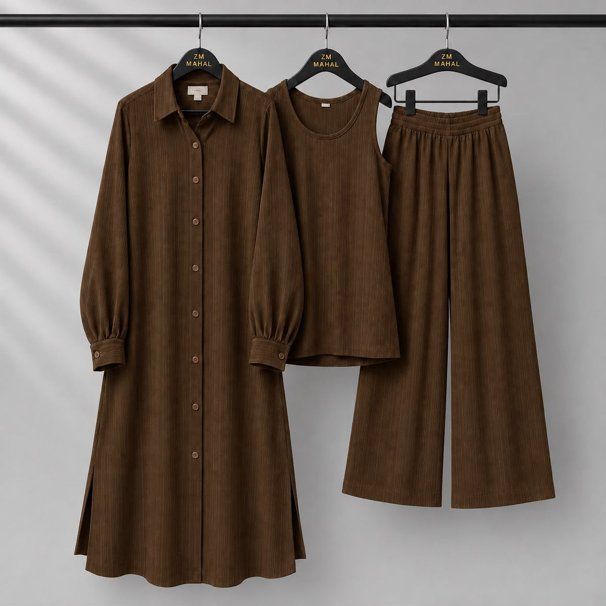 Modest Suit Long Top, Inner & Wide-Leg Pants 3-Piece