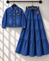 Dark Denim denim jacket and tiered maxi skirt two piece set ZM-040 - AmalXpress