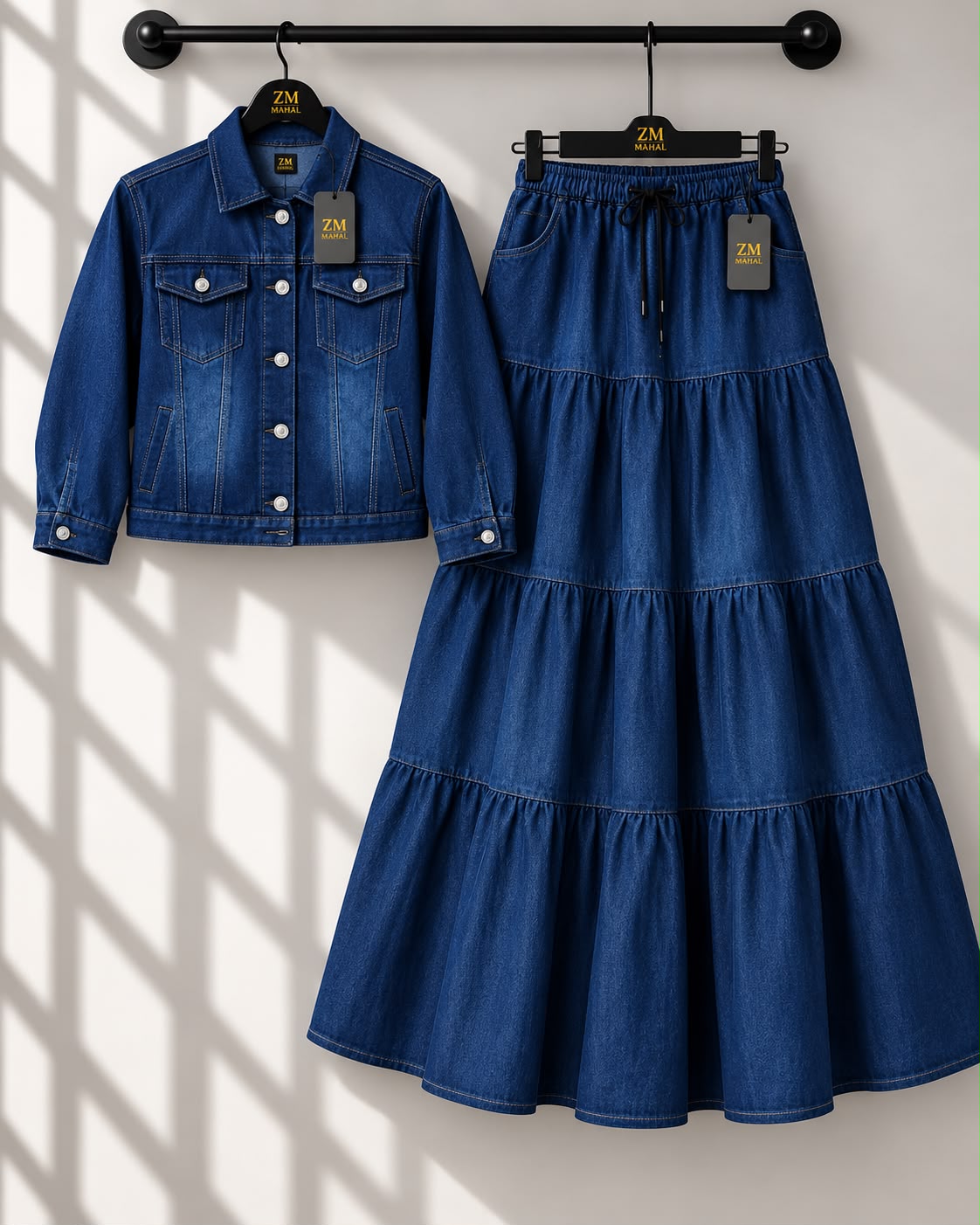 Dark Denim denim jacket and tiered maxi skirt two piece set ZM-040 - AmalXpress