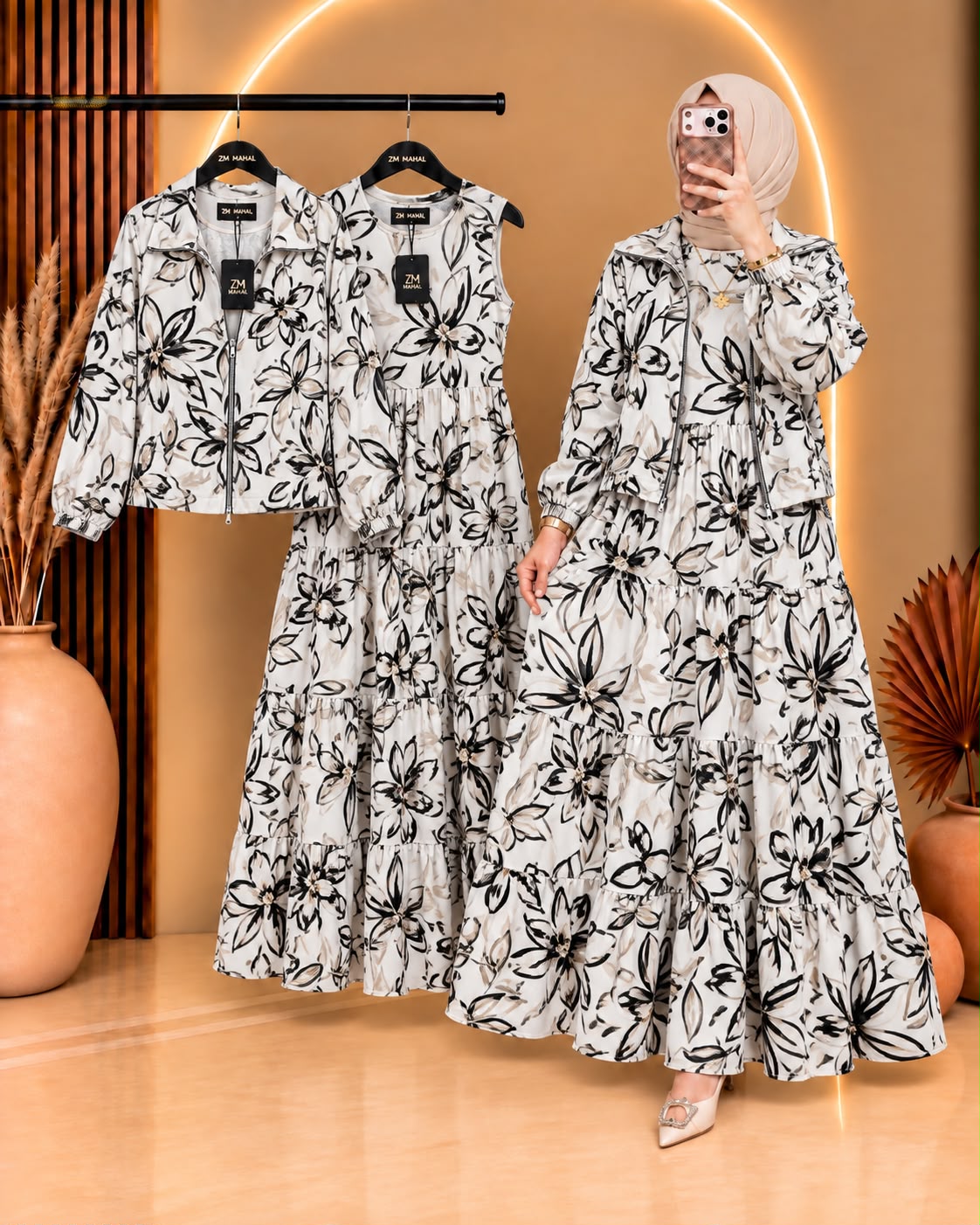 Elif Printed Turkish Tiered Maxi Jacket Set - ZM-036