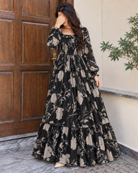 Imported Floral Chiffon Smocked Maxi Dress for Women