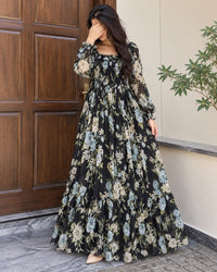 Imported Floral Chiffon Smocked Maxi Dress for Women