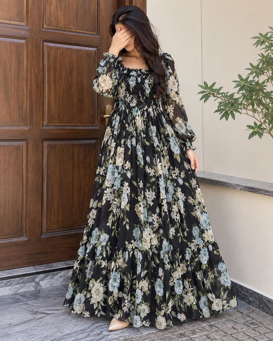 Imported Floral Chiffon Smocked Maxi Dress for Women