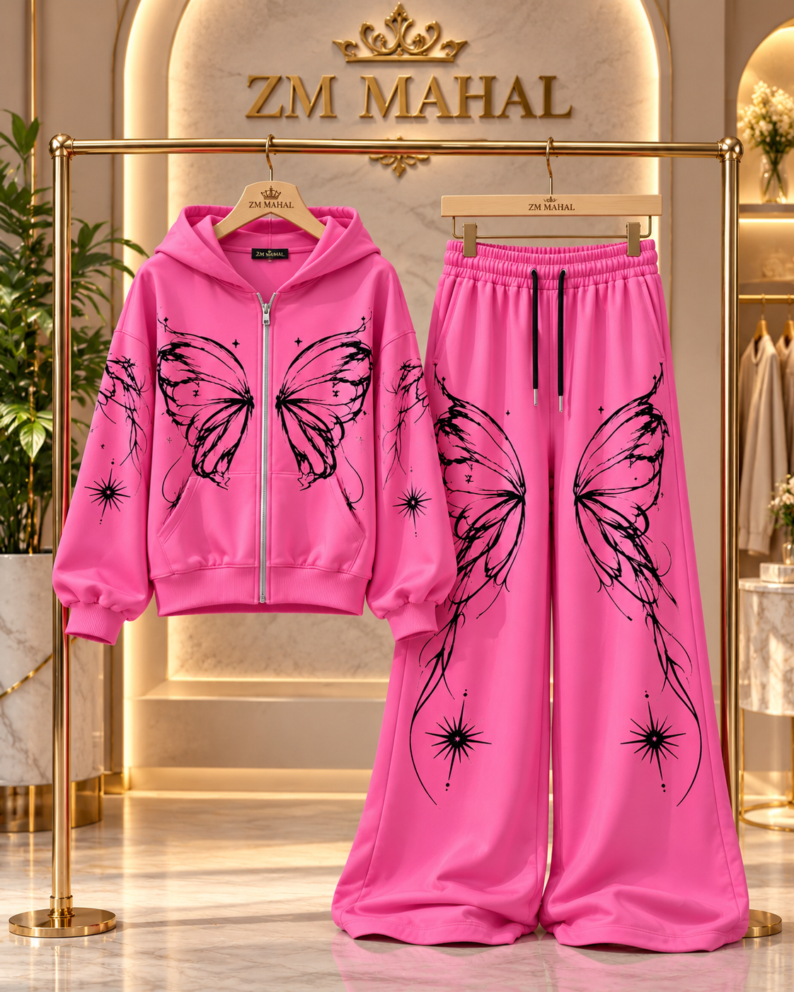 Pink Butterfly Muse oversized tracksuit two-piece hoodie and trouser - AmalXpress