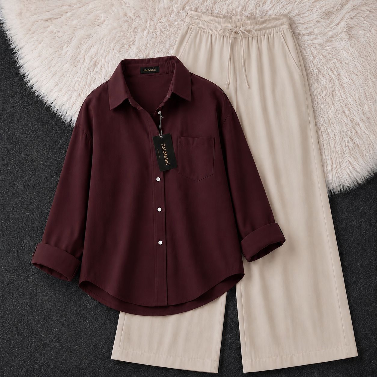 Women's oversized shirt and wide-leg co-ord set in deep burgundy – SphereOutfit
