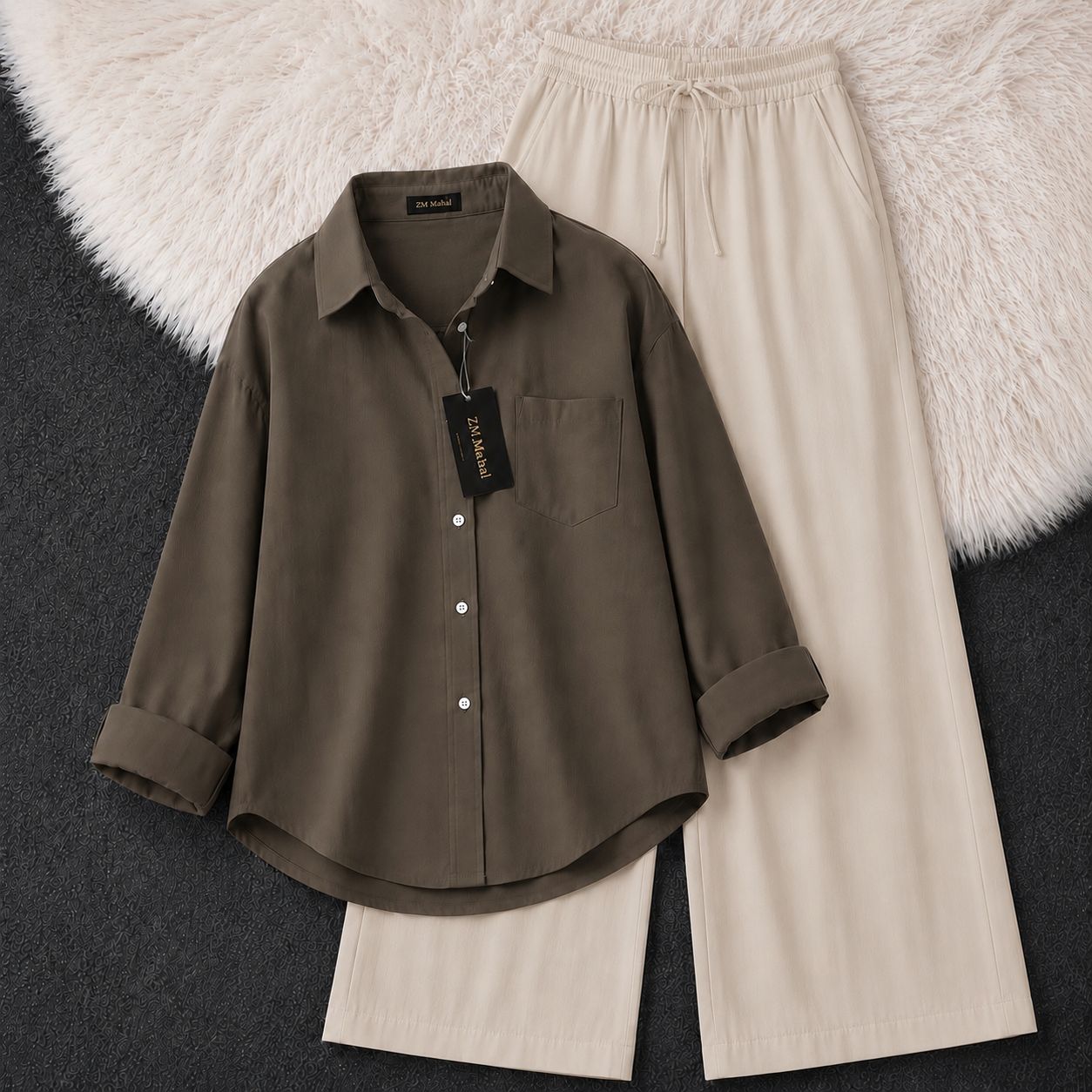 Women's oversized shirt and wide-leg co-ord set in olive taupe – SphereOutfit
