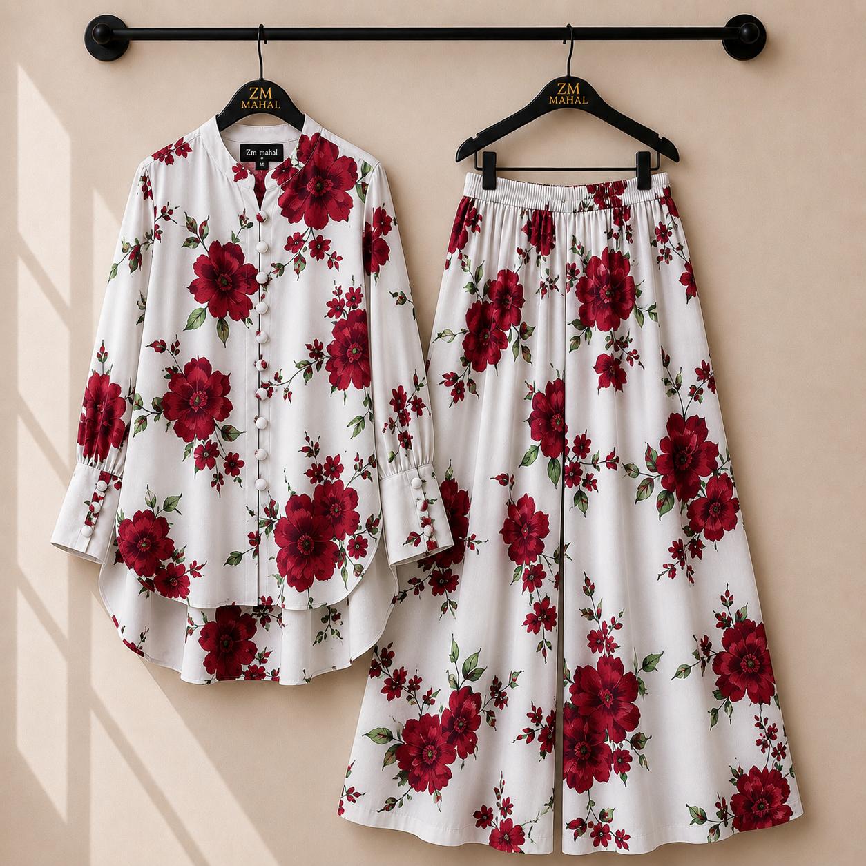 Women's floral shirt and wide-leg palazzo co-ord set in maroon print – SphereOutfit