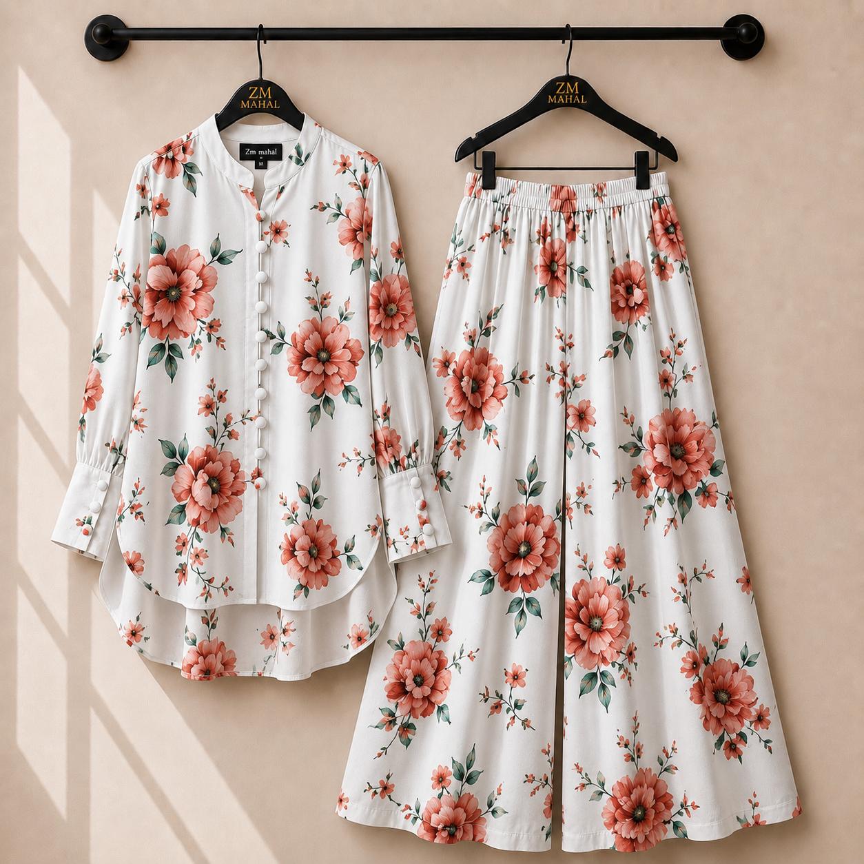 Women's floral shirt and wide-leg palazzo co-ord set in peach print – SphereOutfit