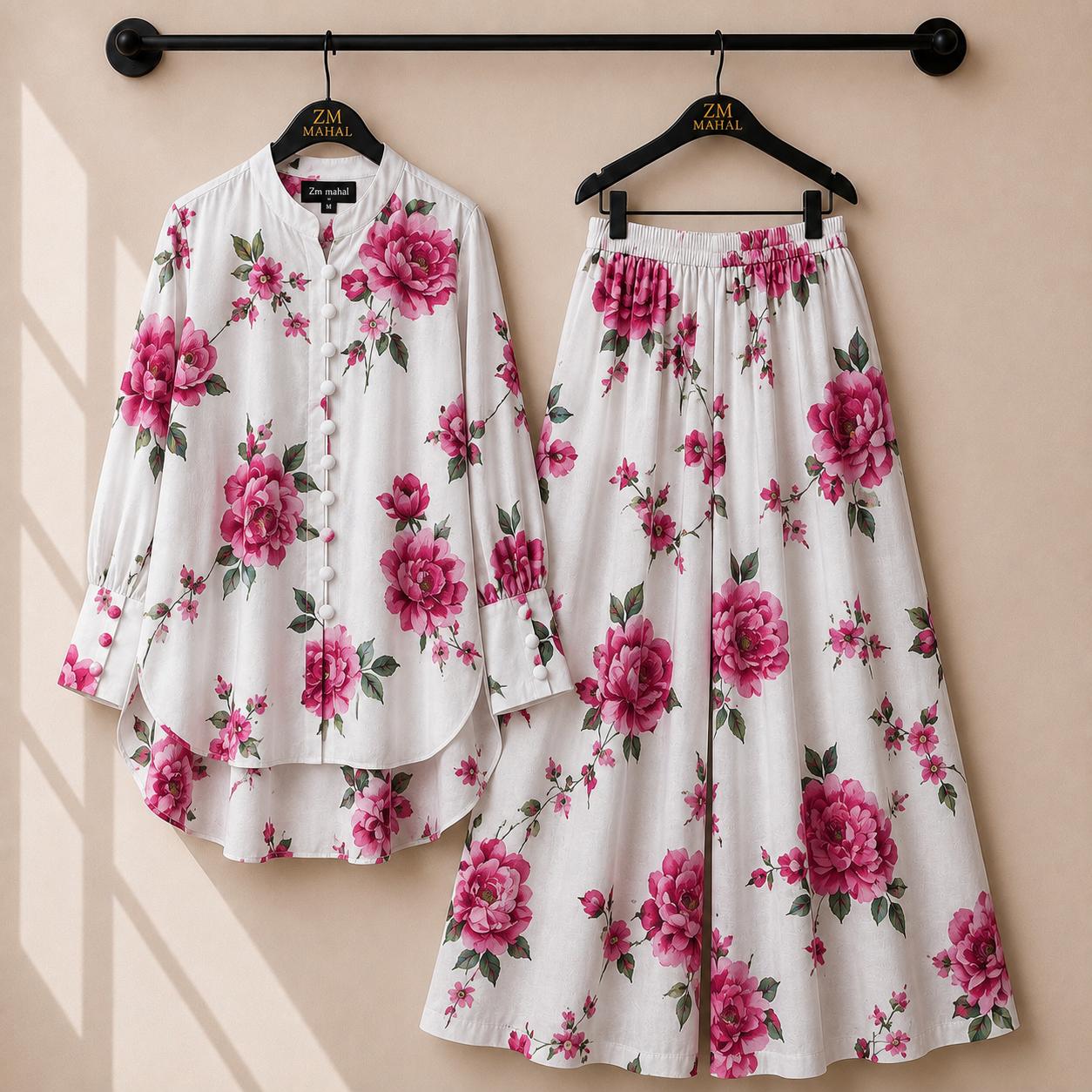 Women's floral shirt and wide-leg palazzo co-ord set in pink print – SphereOutfit