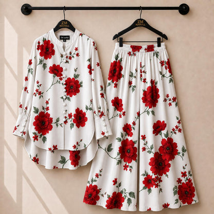 Women's floral shirt and wide-leg palazzo co-ord set in red print – SphereOutfit