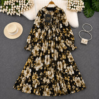 Imported Floral Chiffon Smocked Maxi Dress for Women in Light Blue Floral Print with Elegant Full Length Maxi Silhouette