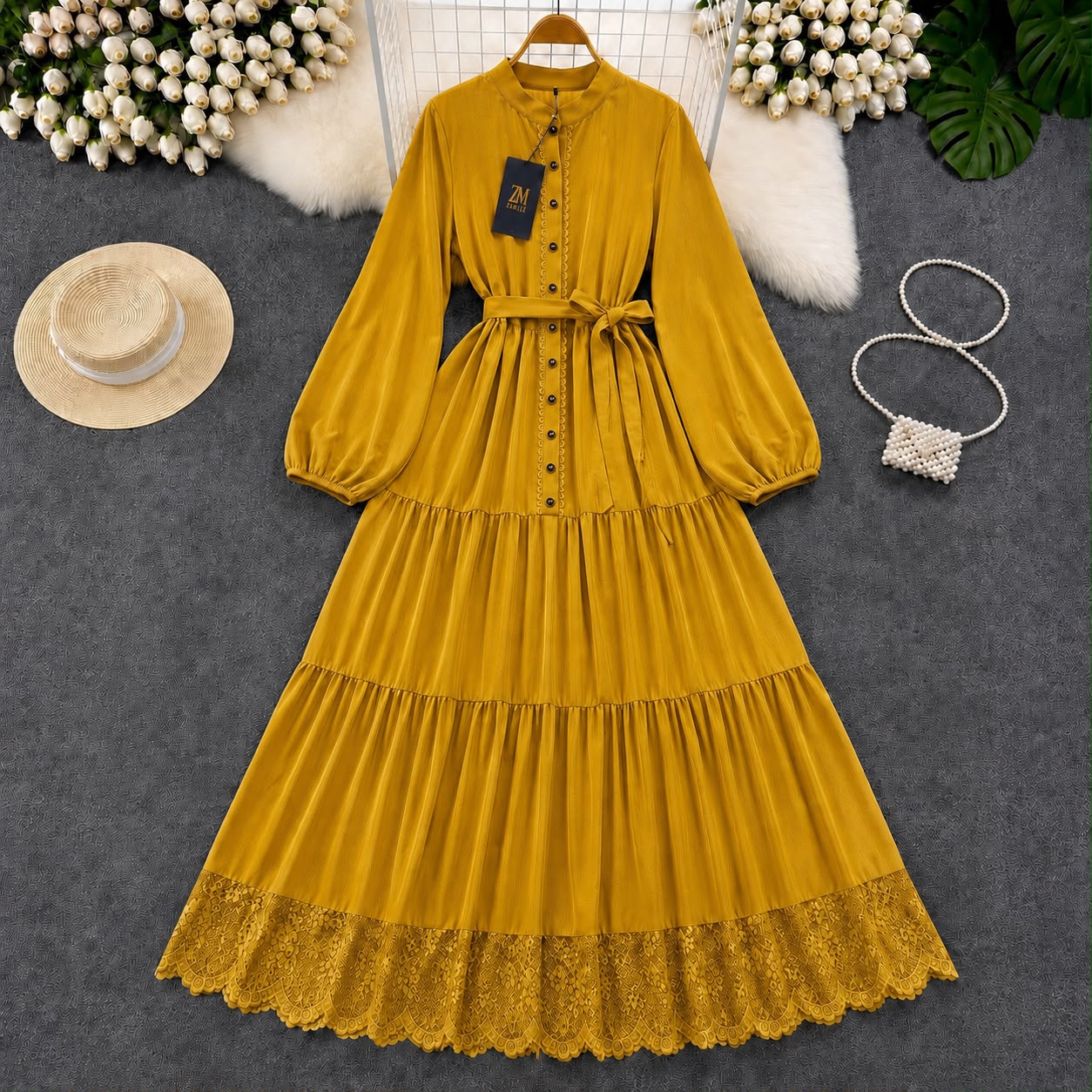 Turkish Lace Hem Belted Tiered Maxi Dress in Mustard for Women - Premium Imported Modest Long Dress with Adjustable Waist Belt
